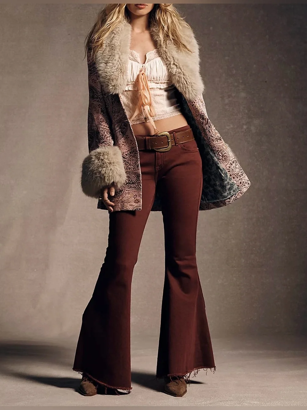 NWT Free People We The Free Emre Low-Rise Flare Jeans - Red Bark Maroon - 28
